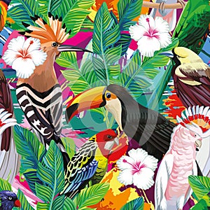 Tropical bird leaves seamless background