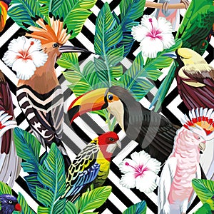 Tropical bird leaves seamless geometric background