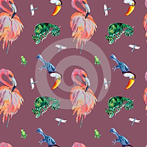 Tropical birds and animals watercolor seamless pattern on pink background.