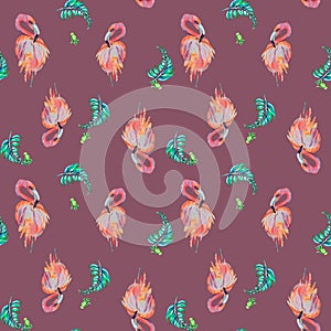 Tropical birds flamingo and palm leaves watercolor seamless pattern on pink background.