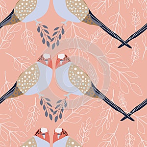 Tropical birds with grey and white branches on pink background s