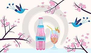 Tropical birds, summer drinks vector illustration, cartoon flat summer fresh drinking soda cocktail, exotic flying birds