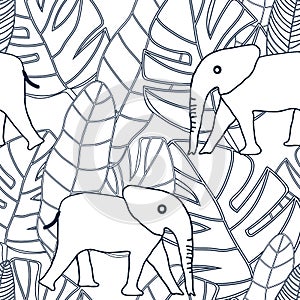 Tropical black and white line drawing leaves with beige elephant