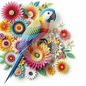 Tropical Bliss: Kirigami Parrot Amidst Blossoms, Isolated on White Canvas for Artistic Perfection