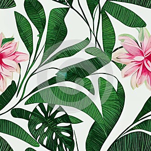 Tropical blossom exotic flowers leaves seamless pattern. Botanical ornamental vector background. Repeat textured grunge modern