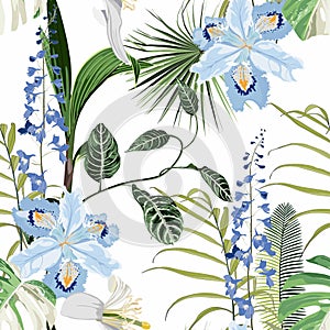 Tropical blue flowers and tropical leaves, light background. Seamless pattern. Jungle foliage illustration. Exotic plants.