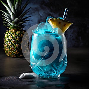 Tropical Blue Hawaiian Cocktail Made With Rum, Blue Curacao, coconut cream. AI generated