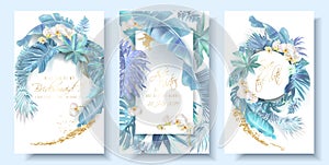 Tropický modrý listy a orchidej svatba karty 