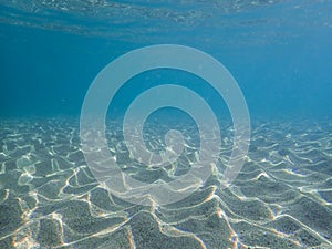 Tropical blue ocean with white sand underwater in Hawaii, underwater blue ocean wide background with sandy sea bottom, Real natura