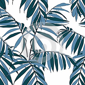 Tropical blue palm leaves, jungle leaves seamless floral pattern
