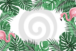 Tropical border frame with jungle leaves flamingos