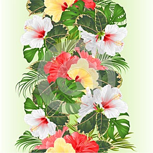 Tropical border seamless background with tropical flowers Hawaiian style floral arrangement, with beautiful white pink and yellow