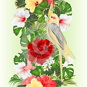 Tropical border seamless background  Yellow cockatiel  tropical bird   parrot watercolor with tropical flowers floral arrangement