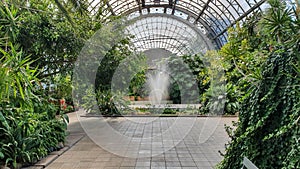 Tropical botanical garden building, roof and structure, fountain