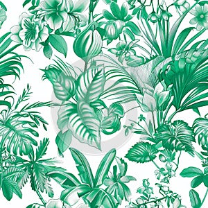 Tropical Botanical Garden: Exquisite Green Plants and Flowers Pattern