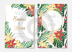 Tropical botanical garden wedding invitation card template. Exotic tropical green palm tree monstera leaves lily flowers