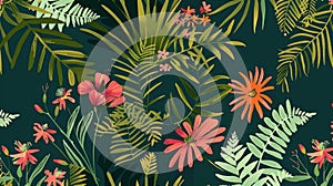 Tropical Botanical Illustration with Vibrant Flowers and Lush Greenery