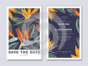 Tropical botanical wedding or party invitation card. Template design with flowers - Strelitzia, South African plant, called crane