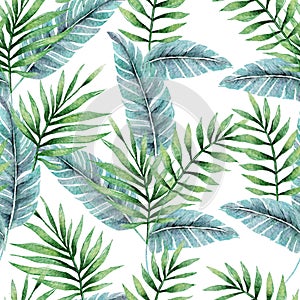 Tropical botany palm leaves watercolor drawing seamless pattern.