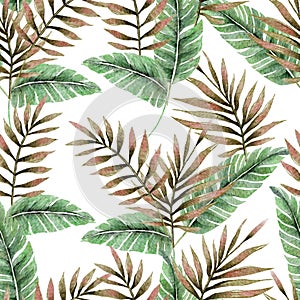 Tropical botany palm leaves watercolor drawing seamless pattern.