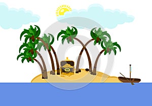 Tropical bounty island with palm trees and coconuts isolated on white background. Beach and sea, ocean. Boat, ship. Pirate