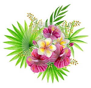 Tropical bouquet of  hibiscus rose, frangipani and greenery of fan leaf and palm fronds. Exotic floral composition hand drawn