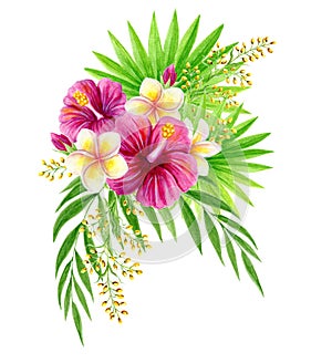 Tropical bouquet of  hibiscus rose, frangipani and greenery of fan leaf and palm fronds. Exotic floral composition hand drawn