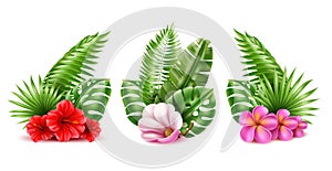 Tropical bouquet. Realistic beautiful flowers and exotic leaves compositions, floristry and decoration, jungle photo