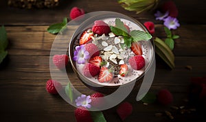 Tropical Breakfast Fruit Smoothie Bowl.Flavorsome bowl of organic berries and pitaya cream and sliced tropical fruits