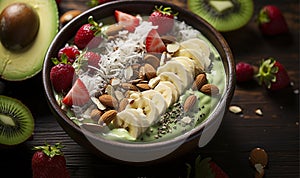 Tropical Breakfast Fruit Smoothie Bowl.Flavorsome bowl of organic berries and pitaya cream and sliced tropical fruits