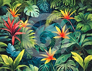 tropical bright leaves with a few orange flowers