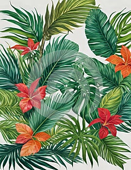 tropical bright leaves in green and orange on white background