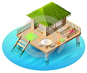 Tropical bungalow on water and woman lies in deckchair