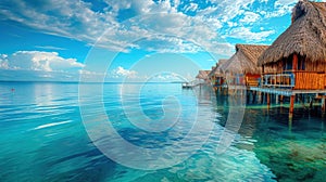 Tropical bungalows overwater and coral reef. Pacific ocean, Oceania photo