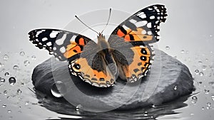 tropical butterfly on wet pebbles in drops of water on the river.