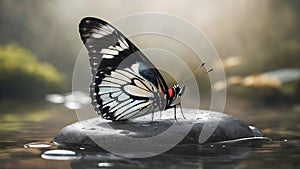 tropical butterfly on wet pebbles in drops of water on the river close-up.