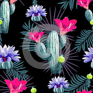 Tropical Cactus Floral Print with Palm Leaves in a Bold and Contrasting Palette