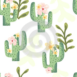 Tropical Cactus and Palm Leaf Print with Pastel Flowers