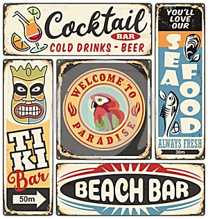 Tropical cafe and beach bar signs set