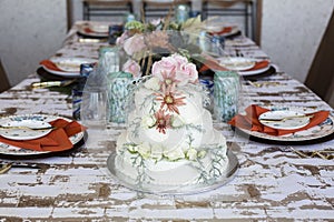 A beautiful and delicious wedding cake. photo