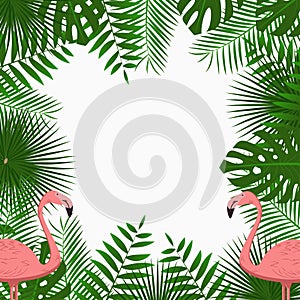 Tropical card, poster or banner template with jungle palm tree leaves and pink flamingo birds. Exotic background. Vector.