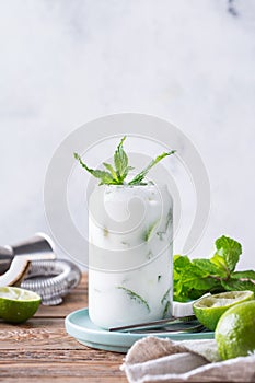 Tropical Caribbean cocktail mojito with coconut cream and hard seltzer