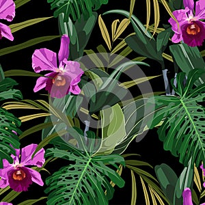 Tropical Cattleya orchid flowers and exotic leaves on black background. Seamless pattern.