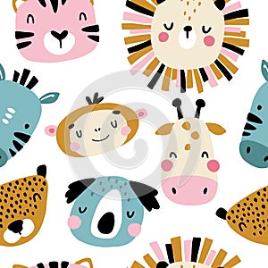 Tropical characters Seamless pattern with cute animals faces. Childish print for nursery in a Scandinavian style. For