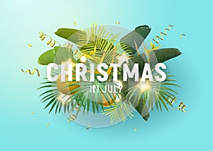 Tropical Christmas on the beach design with palm leaves, xmas balls, gold glowing stars and light bulbs, vector