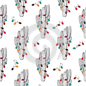 Tropical Christmas Cactus colorful lights seamless pattern in minimalistic black and white sketch style. Winter holiday