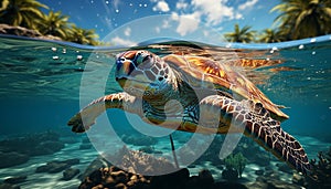 Tropical climate, underwater adventure scuba diving with sea turtles generated by AI