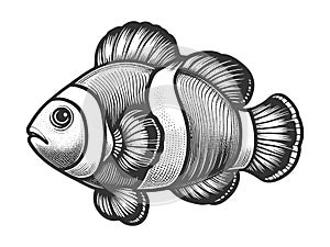 Tropical clown Fish engraving raster illustration