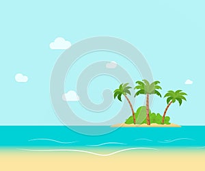 Tropical coast, beach with hang palm trees. View of the Sea, the island green and the sky with large clouds. Flat vector