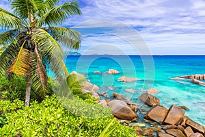 Tropical coast of La Digue, Seychelles - paradise destination for vacation photo